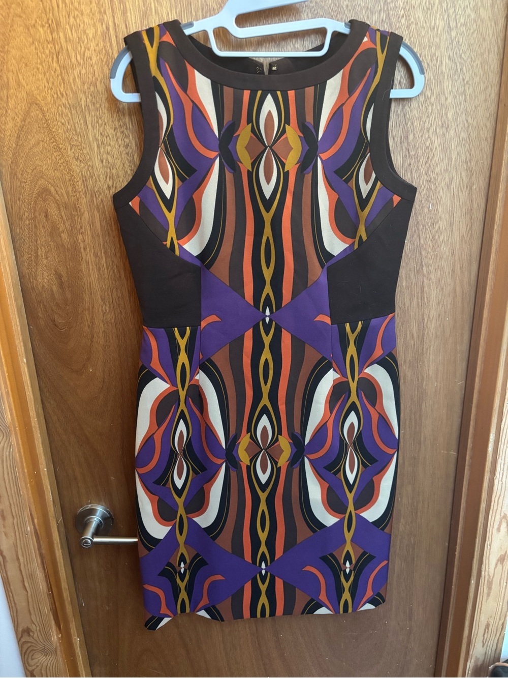 Tahari Purple, Black & Rust Graphic Sleeveless Sheath Dress